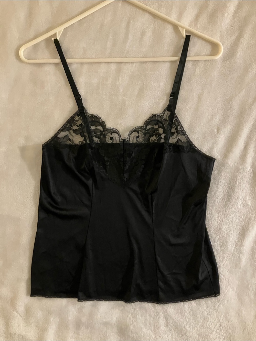 Vintage Vassarette Black Satin Slip Top with Lace Trim
